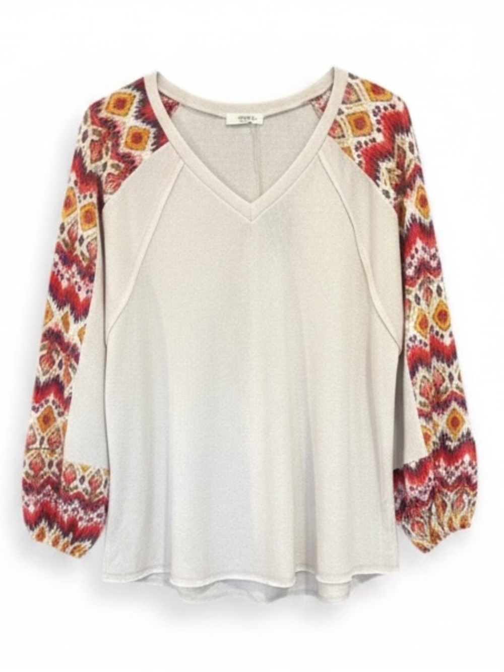 Entro Cream Vibrant Trim Boho V-Neck Balloon Sleeve Tunic Top Size Medium NWT